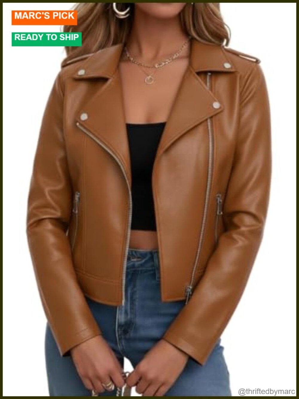 Women Faux Leather Cropped Moto Jacket PU Zip Up Vintage Streetwear Coat